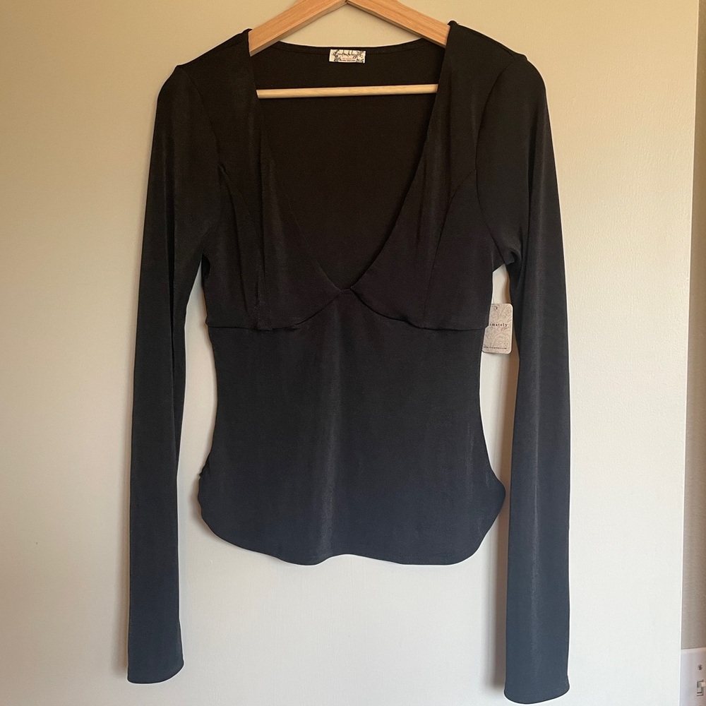 NWT Intimately Free People Black Plunging Long Sleeve Top